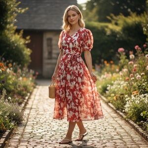 VINTAGE A-Line Midi Floral Red and White Dress